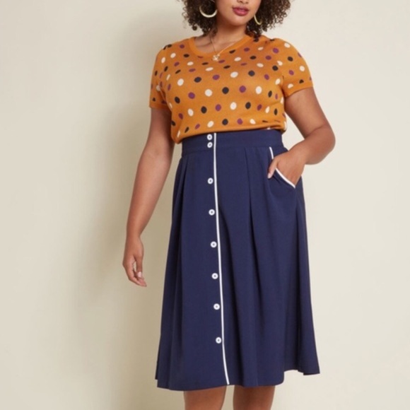 NEW: HP🥳ModCloth A-Framed Full Navy Skirt w/White Piping Trim | HIGH QUALITY | - Picture 5 of 15